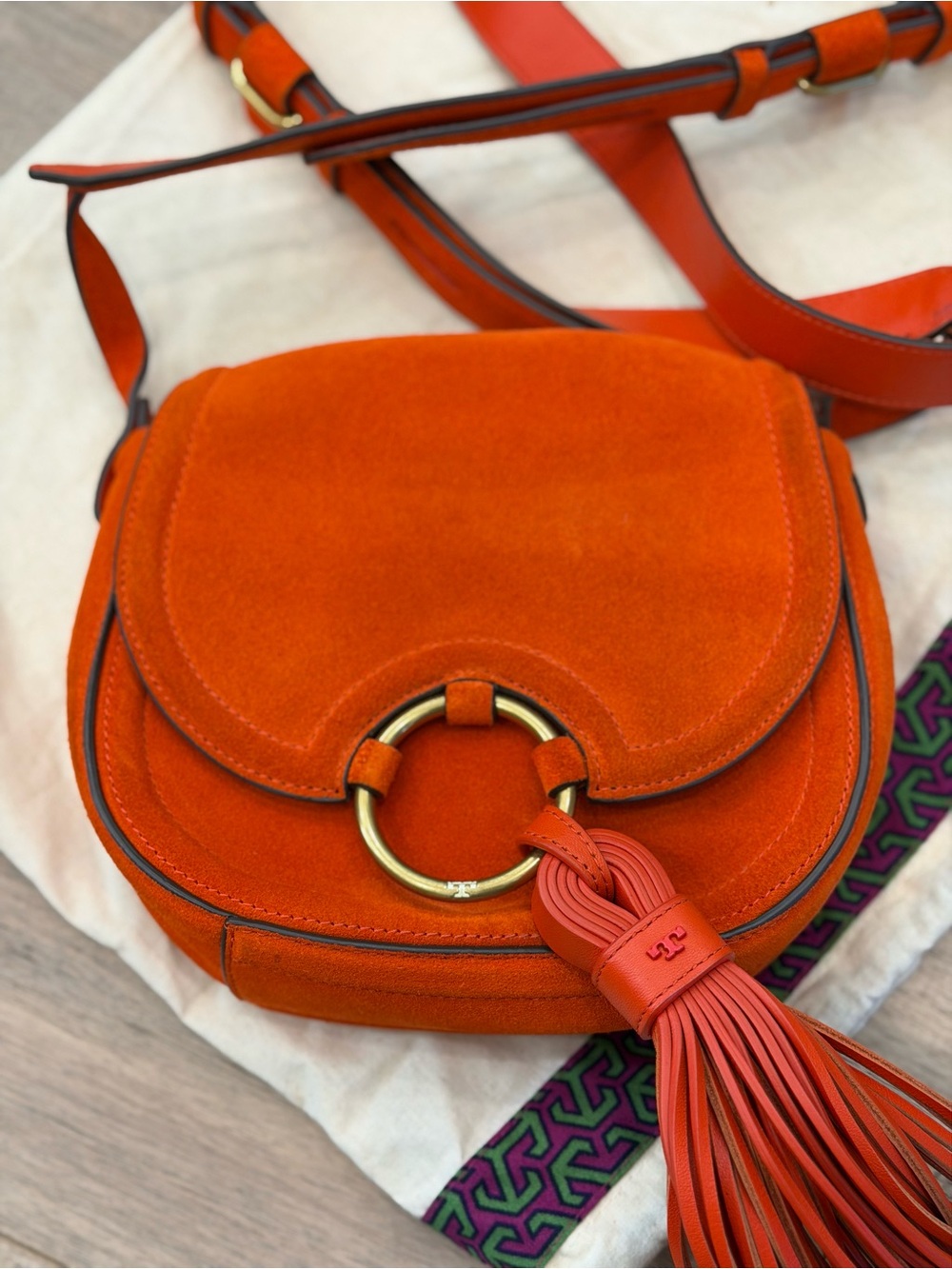 Tory Burch Orange Suede Crossbody Bag with Tassel